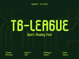 TB League sport display font preview showing bold athletic letterforms and modern sports typography