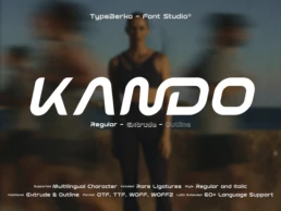 KANDO futuristic techno sans serif font by TypeBerka Font Studio featuring ligature headline with Regular, Outline and Extrude styles, multilingual support and modern tech branding design