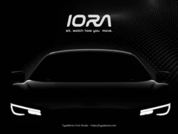 KANDO futuristic techno sans serif font used in automotive branding mockup with luxury car silhouette and modern tech aesthetic, ideal for automotive, mobility, electric vehicle, and high performance branding design.