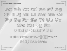 KANDO Outline futuristic techno sans serif font character preview featuring uppercase and lowercase letters, numbers, punctuation, and unique symbols in clean outline style, ideal for modern branding, tech logos, gaming graphics, and futuristic design projects.