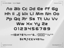 KANDO futuristic font regular character preview showing uppercase and lowercase letters, numbers, and unique symbols