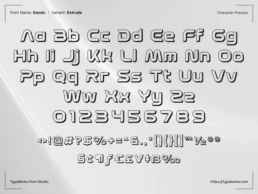 KANDO Extrude futuristic techno sans serif font character preview featuring uppercase and lowercase letters, numbers, punctuation, and unique symbols, ideal for tech branding, gaming titles, automotive design, and modern digital projects.