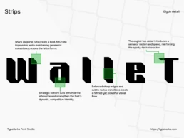 Strips sport display font glyph detail preview highlighting sharp diagonal cuts and geometric letterform design