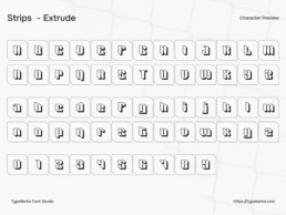 Strips extrude display font character preview showing uppercase, lowercase letters and numbers with bold geometric 3D style