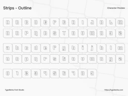 Strips outline display font character preview showing uppercase, lowercase letters and numbers with geometric sport style
