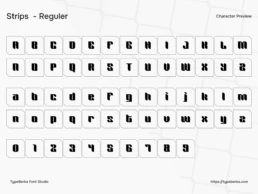 Strips regular display font character preview showing uppercase, lowercase letters and numbers in bold geometric sport style