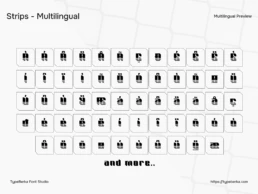 Strips slash display font multilingual character preview showing accented letters and extended Latin support