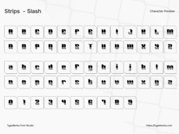 Strips slash style display font character preview showing uppercase, lowercase letters and numbers with geometric stripe detail