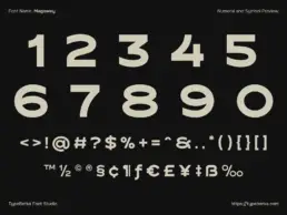 Magowey modern sport font numerals and symbols preview – bold display numbers 0 to 9 with punctuation, currency signs, and special characters by TypeBerka
