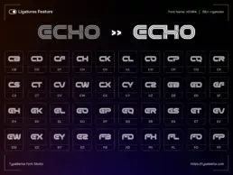 KEHRA multiform sport display font ligatures feature showing Echo lettering transformation with parallel line geometry for futuristic sports branding