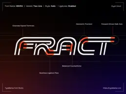 KEHRA multiform sport display font glyph anatomy showing speed terminals, ligature flow, geometric precision, and italic axis design for technical sports typography