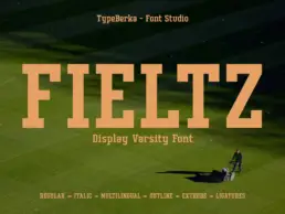 Fieltz varsity display font cover showing bold slab-serif athletic lettering designed for sports branding and varsity typography.