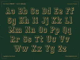 Extrude style character preview of Fieltz varsity display font showing layered athletic slab serif typography.